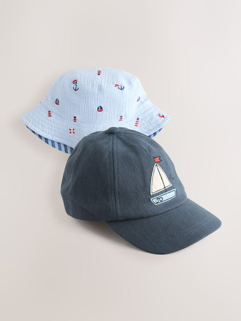 Blue Boats Cap Bucket Hats 2 Pack (3mths-10yrs) - Size 3-9 Months (62-74cm)