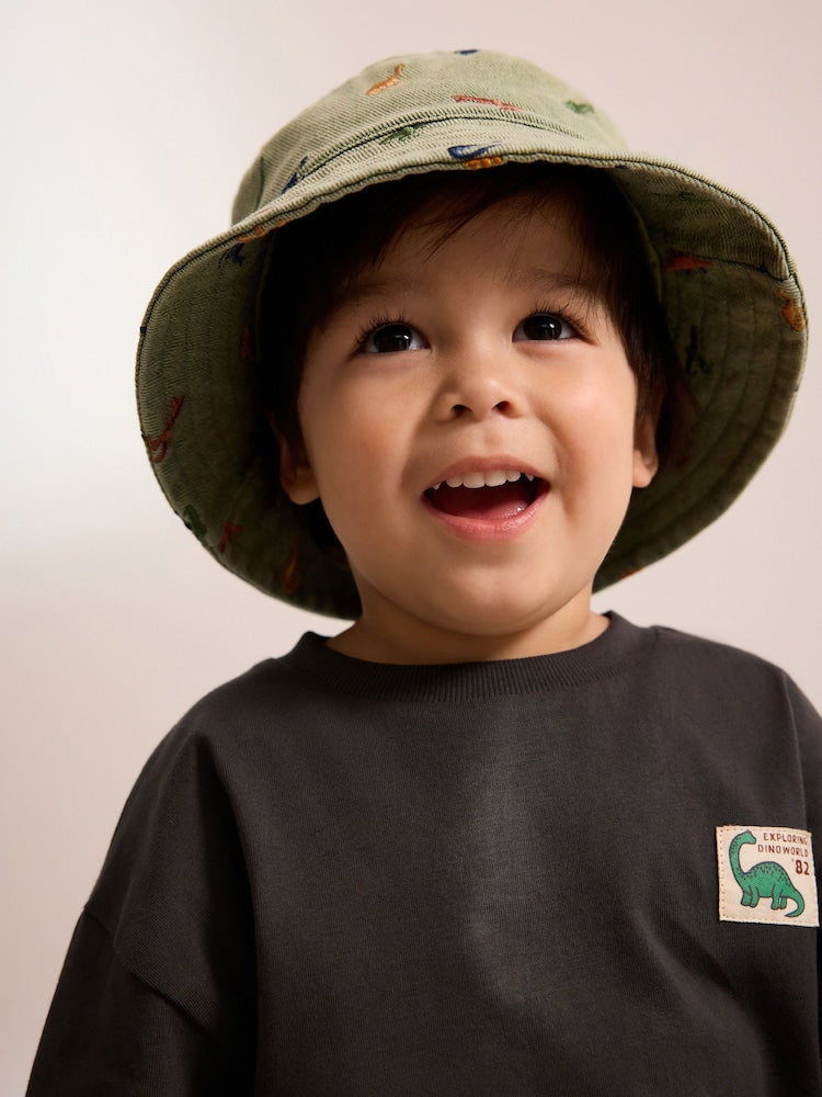 Khaki Green All-Over Embroidered Dinosaur Bucket Hat (3mths-10yrs) - 7-10 Years (122-140cm)