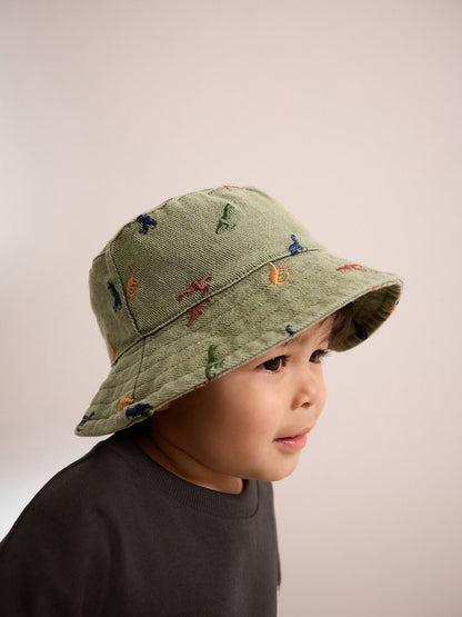 Khaki Green All-Over Embroidered Dinosaur Bucket Hat (3mths-10yrs)
