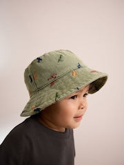 Khaki Green All-Over Embroidered Dinosaur Bucket Hat (3mths-10yrs) - Size 3-9 Months (62-74cm)