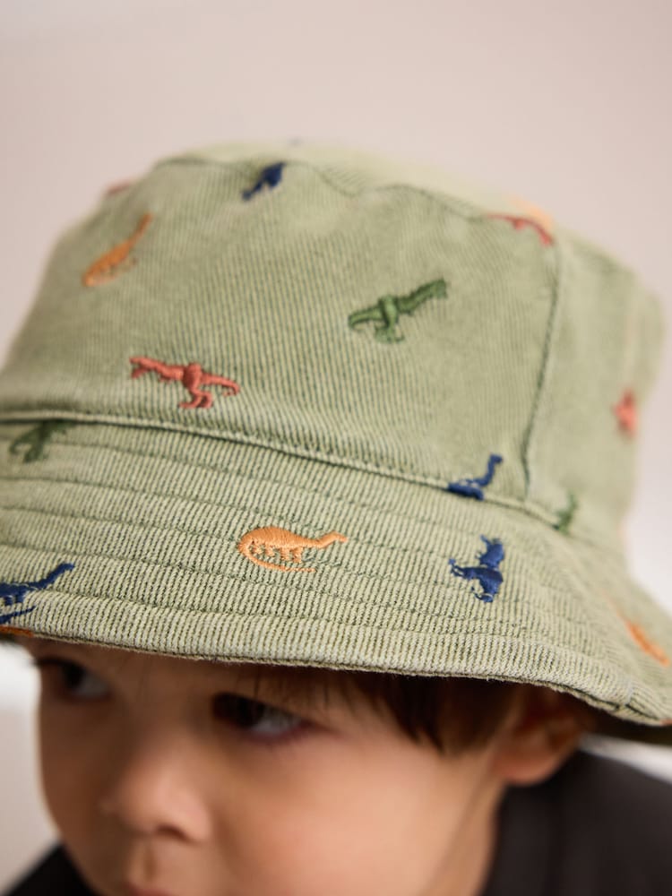 Khaki Green All-Over Embroidered Dinosaur Bucket Hat (3mths-10yrs)