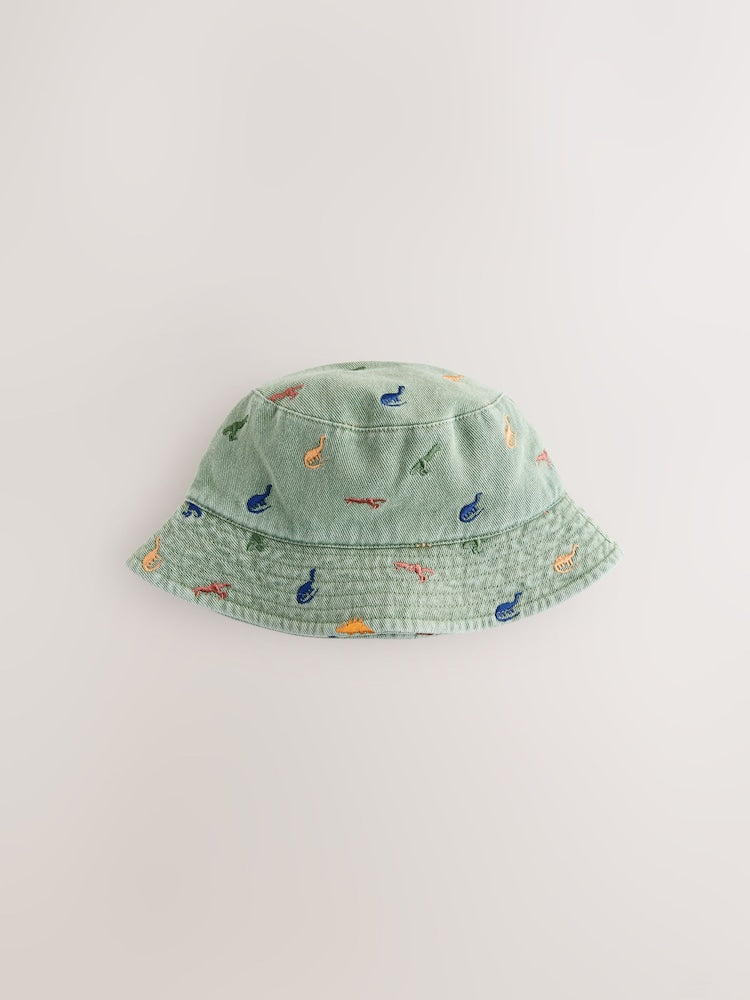 Khaki Green All-Over Embroidered Dinosaur Bucket Hat (3mths-10yrs)