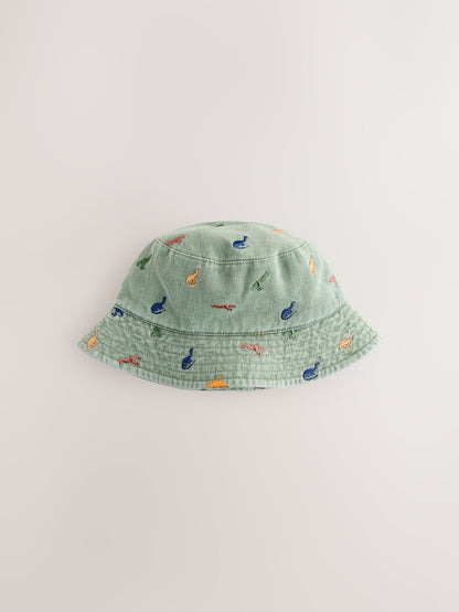 Khaki Green All-Over Embroidered Dinosaur Bucket Hat (3mths-10yrs)