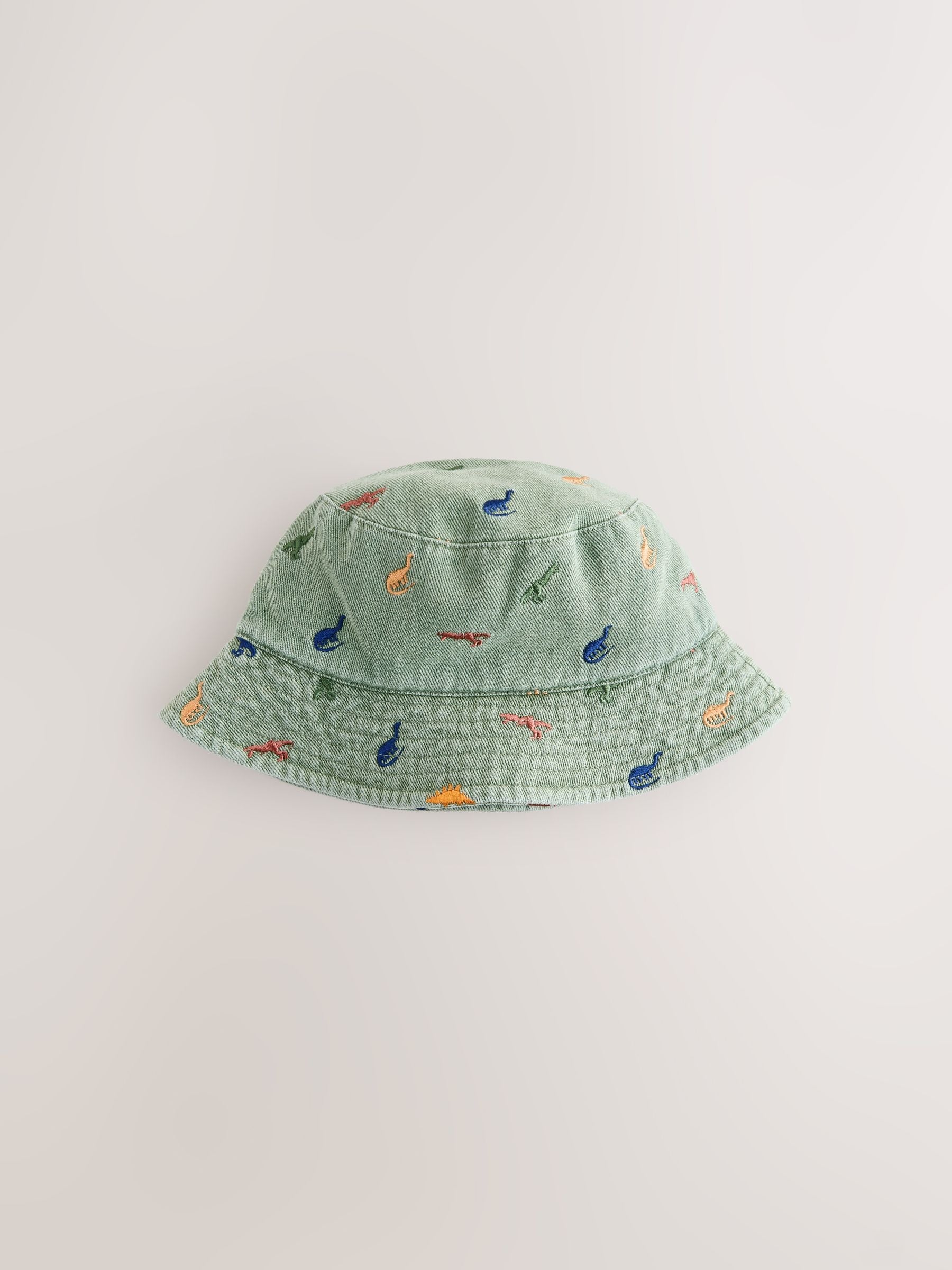 Khaki Green All-Over Embroidered Dinosaur Bucket Hat (3mths-10yrs) - Size 3-9 Months (62-74cm)
