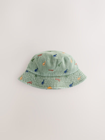 Khaki Green All-Over Embroidered Dinosaur Bucket Hat (3mths-10yrs) - Size 3-9 Months (62-74cm)