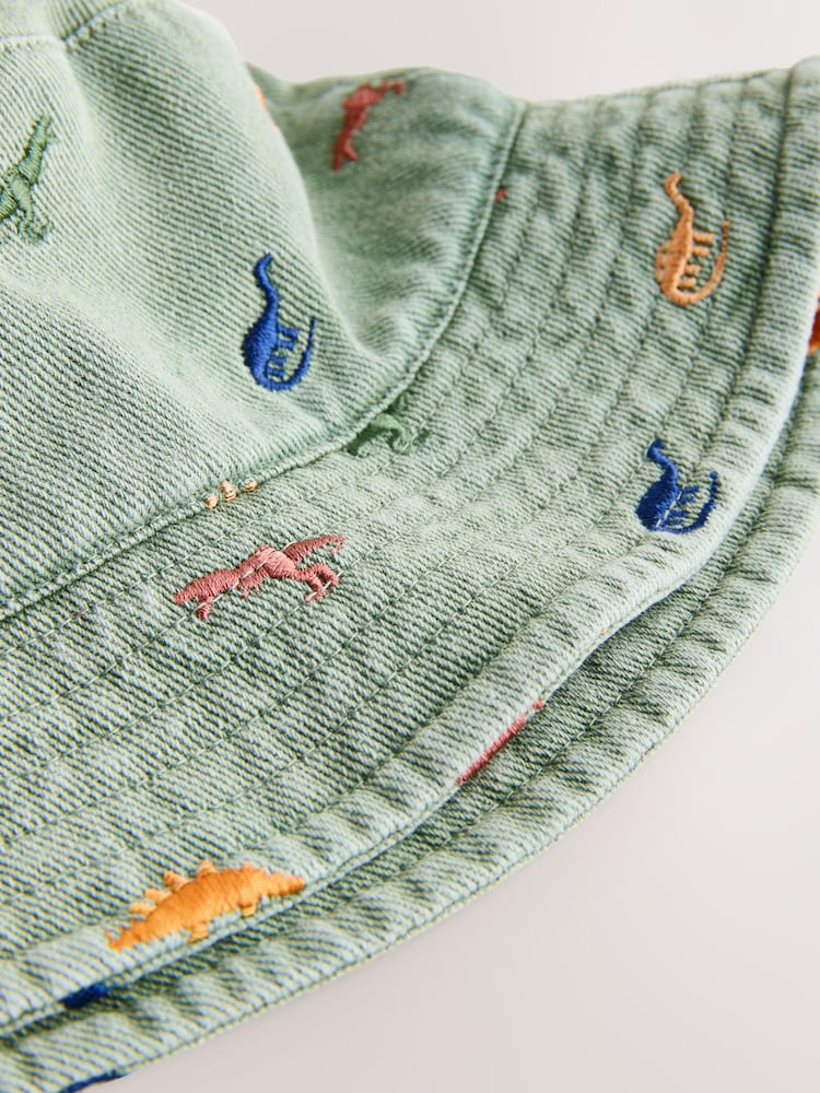 Khaki Green All-Over Embroidered Dinosaur Bucket Hat (3mths-10yrs)