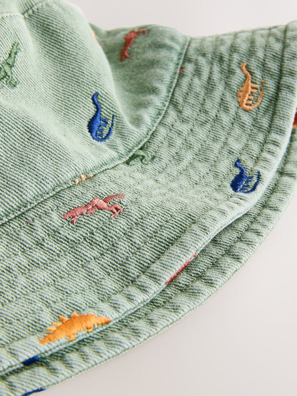 Khaki Green All-Over Embroidered Dinosaur Bucket Hat (3mths-10yrs)