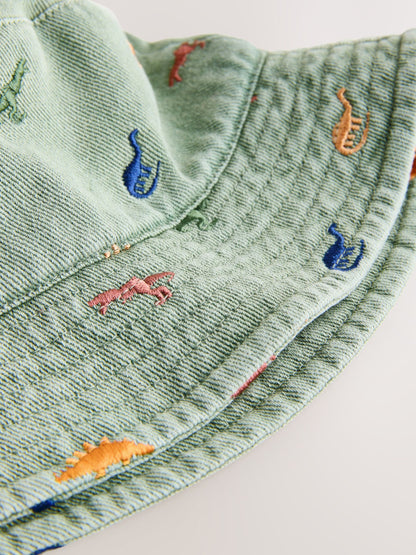 Khaki Green All-Over Embroidered Dinosaur Bucket Hat (3mths-10yrs) - Size 3-9 Months (62-74cm)