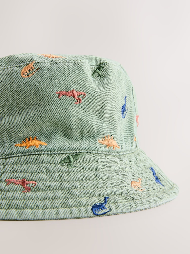 Khaki Green All-Over Embroidered Dinosaur Bucket Hat (3mths-10yrs)