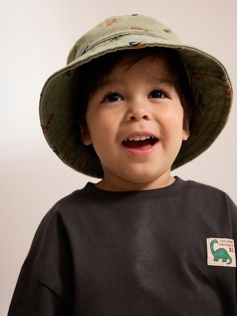 Khaki Green All-Over Embroidered Dinosaur Bucket Hat (3mths-10yrs) - Size 3-9 Months (62-74cm)