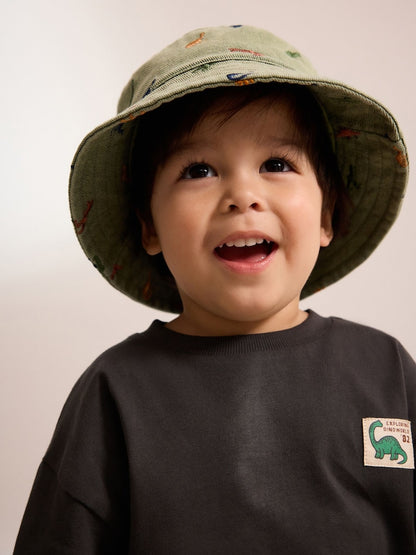 Khaki Green All-Over Embroidered Dinosaur Bucket Hat (3mths-10yrs) - Size 3-9 Months (62-74cm)