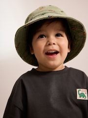 Khaki Green All-Over Embroidered Dinosaur Bucket Hat (3mths-10yrs) - Size 3-9 Months (62-74cm)