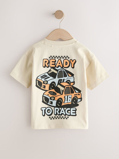 Cream Race Car Short Sleeve Back Print T-Shirt (3mths-7yrs)