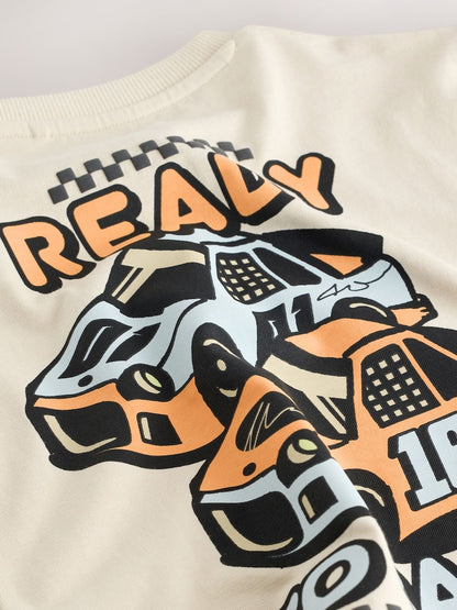 Cream Race Car Short Sleeve Back Print T-Shirt (3mths-7yrs)