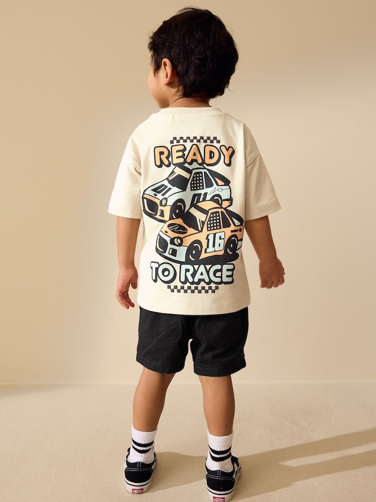 Cream Race Car Short Sleeve Back Print T-Shirt (3mths-7yrs) - Size 3-6 Months (62-68cm) - Cream Race Car