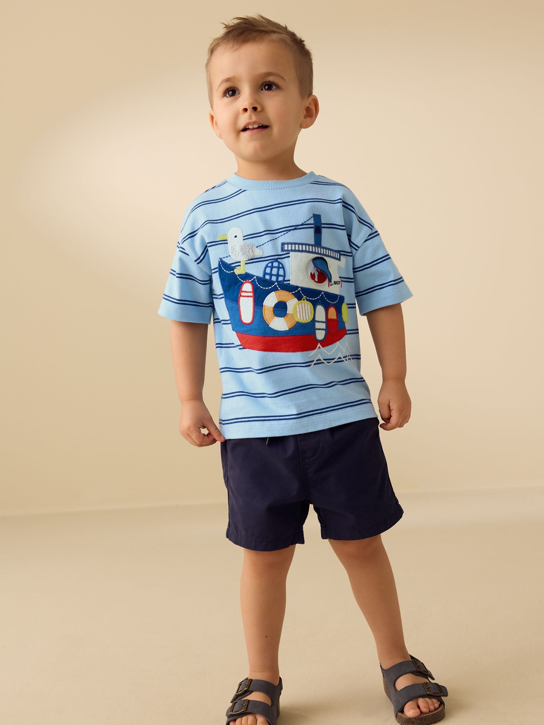Blue Stripe Sealife Boat Short Sleeve Interactive T-Shirt (3mths-7yrs) - Size 3-6 Months (62-68cm)