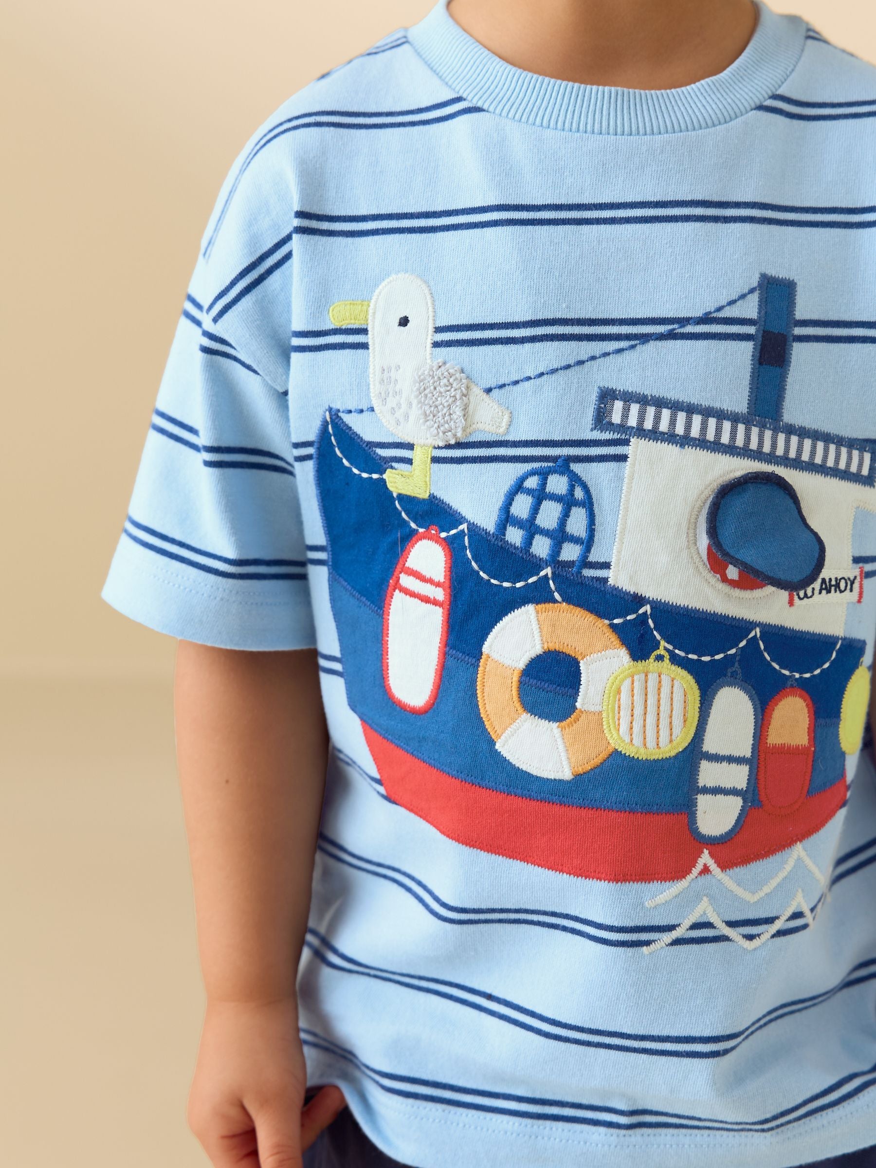 Blue Stripe Sealife Boat Short Sleeve Interactive T-Shirt (3mths-7yrs) - Size 3-6 Months (62-68cm)