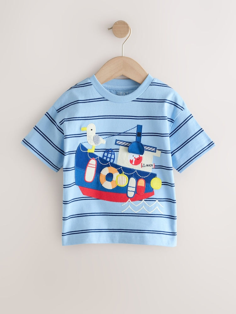 Blue Stripe Sealife Boat Short Sleeve Interactive T-Shirt (3mths-7yrs) - Size 3-6 Months (62-68cm)