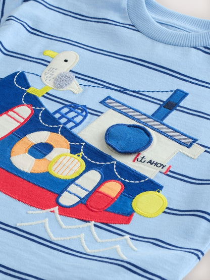 Blue Stripe Sealife Boat Short Sleeve Interactive T-Shirt (3mths-7yrs) - Size 3-6 Months (62-68cm)