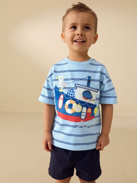 Blue Stripe Sealife Boat Short Sleeve Interactive T-Shirt (3mths-7yrs) - Size 3-6 Months (62-68cm)