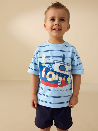 Blue Stripe Sealife Boat Short Sleeve Interactive T-Shirt (3mths-7yrs) - Size 3-6 Months (62-68cm)