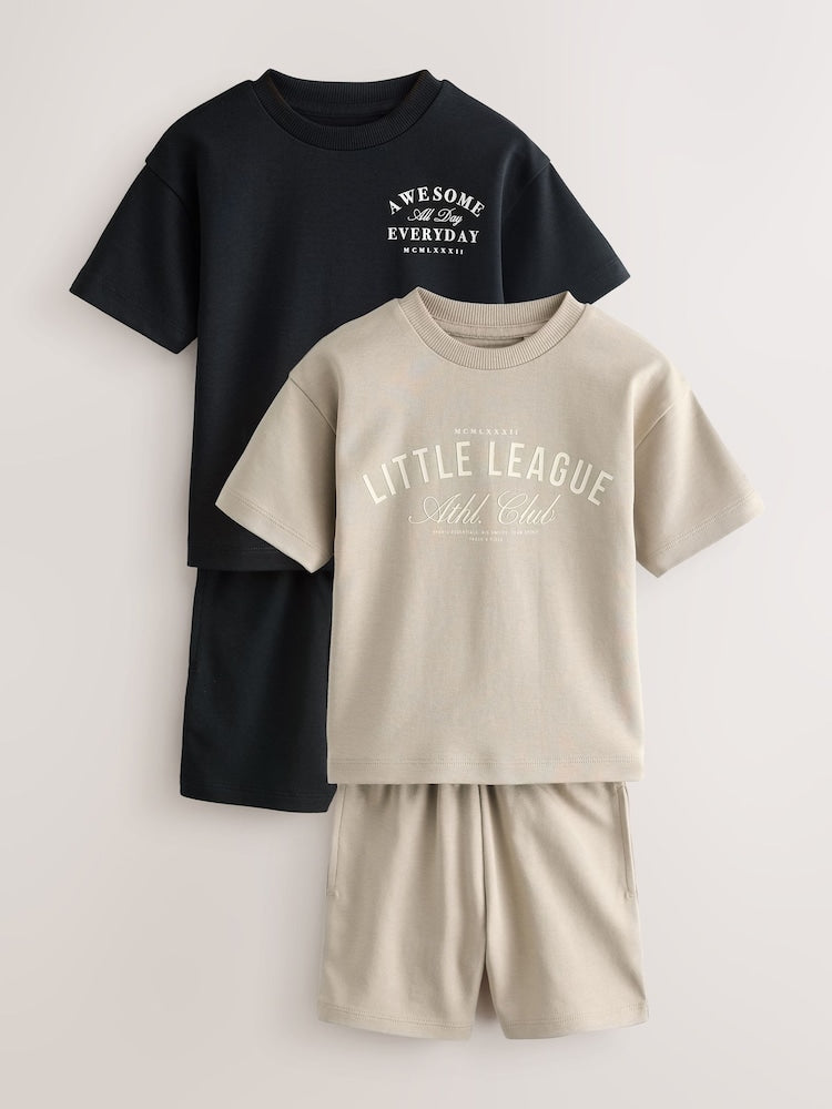 Black/Cream Slogan Backprint Short Sleeve T-Shirt and Shorts Set 2 Pack (3mths-7yrs)