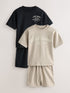 Black/Cream Slogan Backprint Short Sleeve T-Shirt and Shorts Set 2 Pack (3mths-7yrs)
