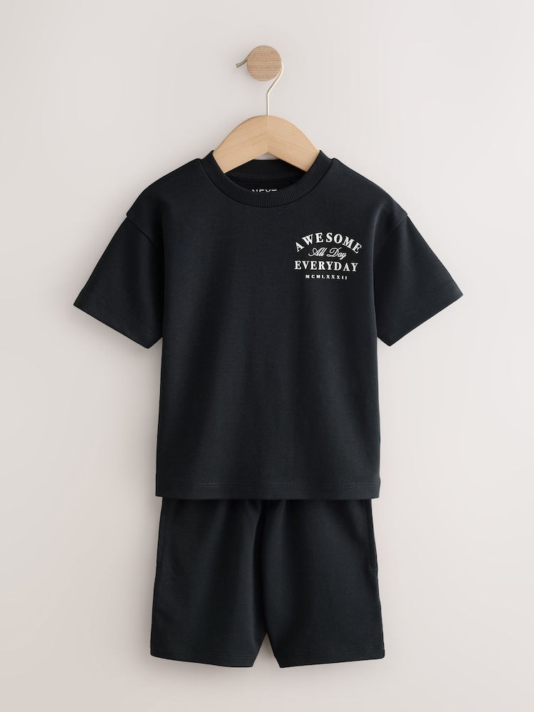 Black/Cream Slogan Backprint Short Sleeve T-Shirt and Shorts Set 2 Pack (3mths-7yrs)