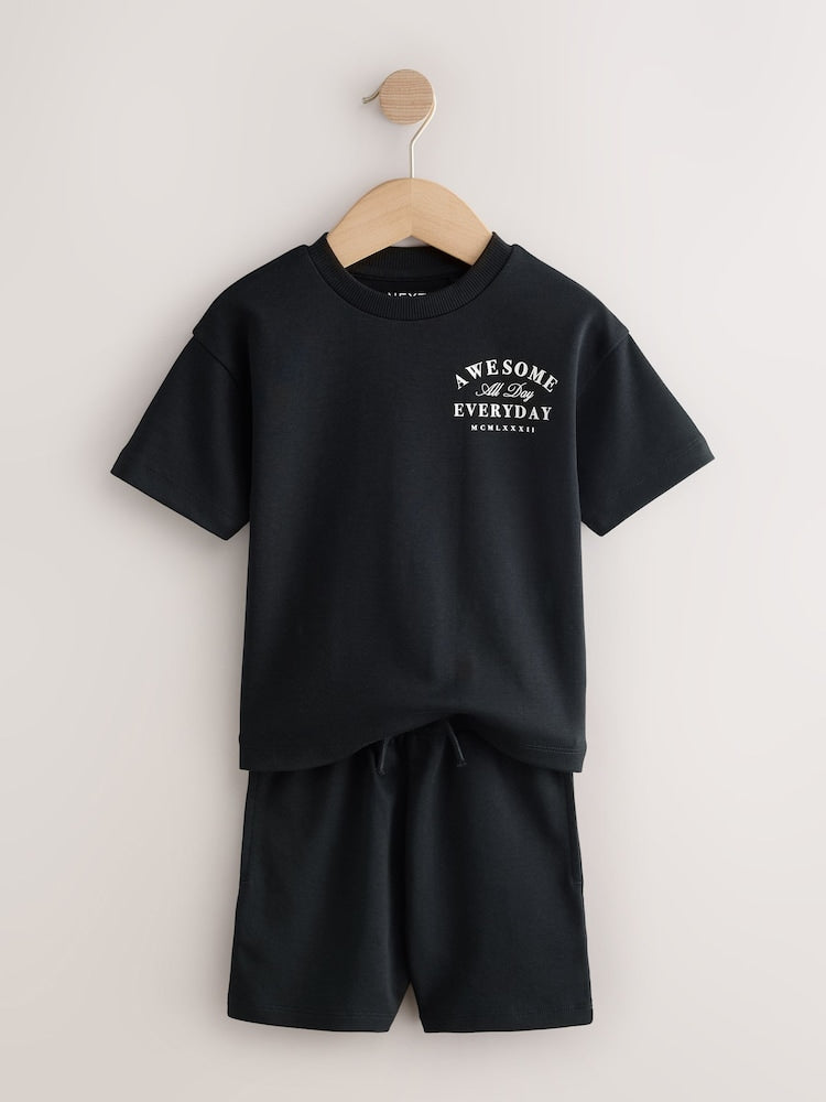 Black/Cream Slogan Backprint Short Sleeve T-Shirt and Shorts Set 2 Pack (3mths-7yrs)