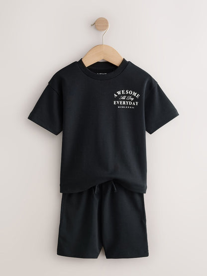Black/Cream Slogan Backprint Short Sleeve T-Shirt and Shorts Set 2 Pack (3mths-7yrs)