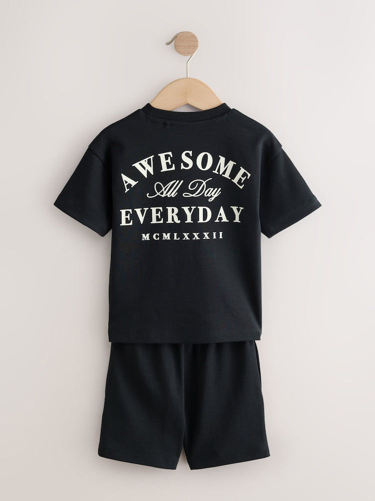 Black/Cream Slogan Backprint Short Sleeve T-Shirt and Shorts Set 2 Pack (3mths-7yrs)