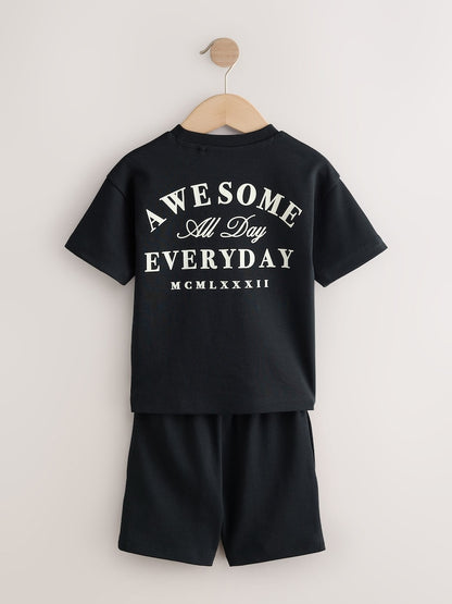 Black/Cream Slogan Backprint Short Sleeve T-Shirt and Shorts Set 2 Pack (3mths-7yrs)