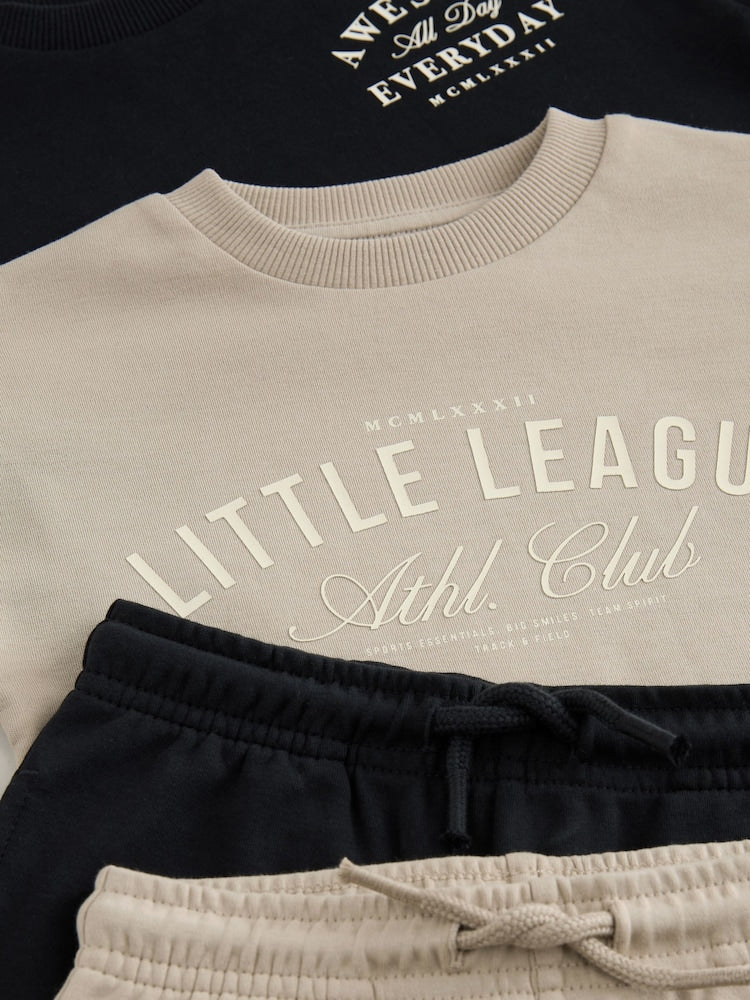 Black/Cream Slogan Backprint Short Sleeve T-Shirt and Shorts Set 2 Pack (3mths-7yrs)