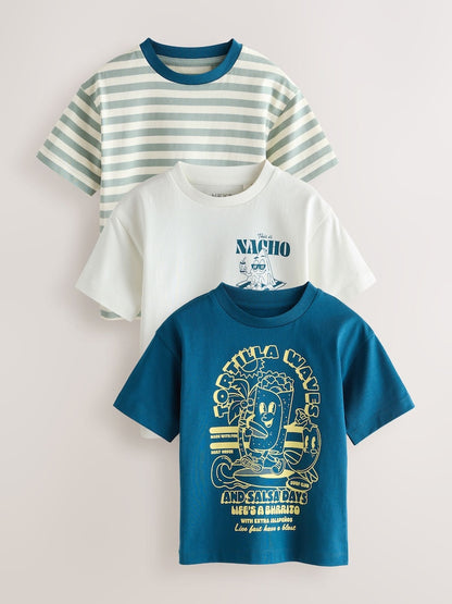 Blue Food Stripe Short Sleeve Graphic T-Shirts 3 Pack (3mths-7yrs) - Size 3-6 Months (62-68cm) - Blue Food Stripe