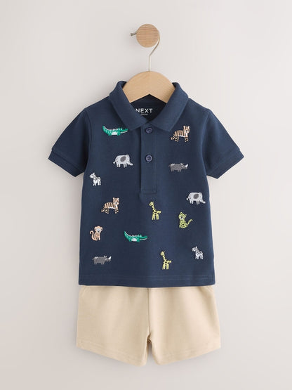 Navy All Over Embroidery Safari Animals Short Sleeve Polo Shirt and Shorts Set (3mths-7yrs) - Navy All Over Embroidery Safari Animals / 12-18 Months (80-86cm)