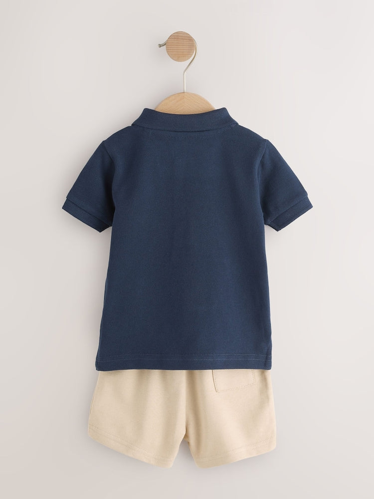 Navy All Over Embroidery Safari Animals Short Sleeve Polo Shirt and Shorts Set (3mths-7yrs)