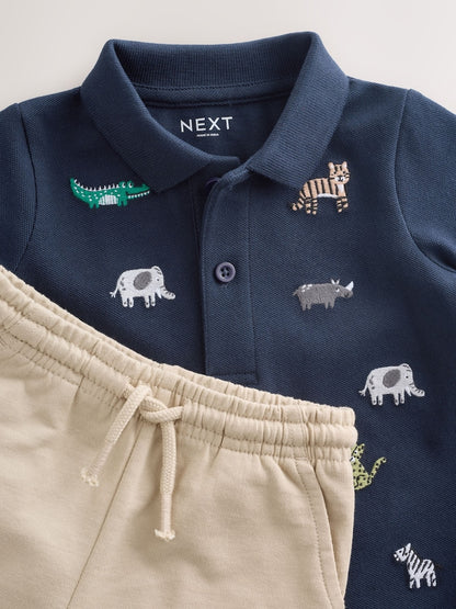 Navy All Over Embroidery Safari Animals Short Sleeve Polo Shirt and Shorts Set (3mths-7yrs)