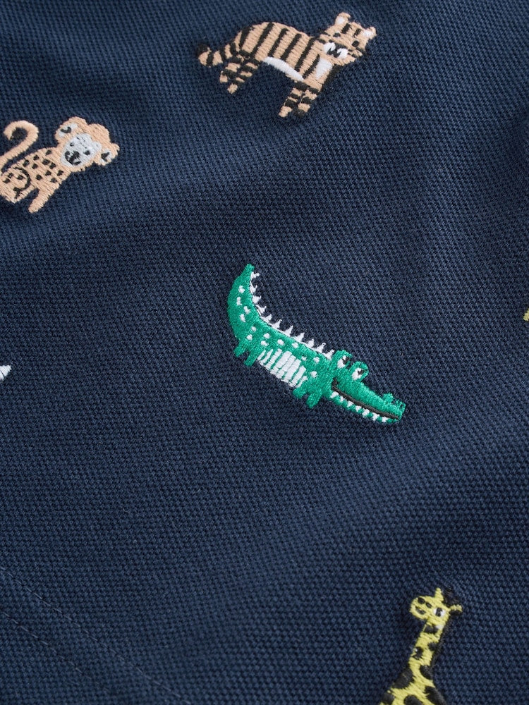 Navy All Over Embroidery Safari Animals Short Sleeve Polo Shirt and Shorts Set (3mths-7yrs)