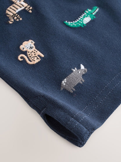 Navy All Over Embroidery Safari Animals Short Sleeve Polo Shirt and Shorts Set (3mths-7yrs)
