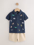 Navy All Over Embroidery Safari Animals Short Sleeve Polo Shirt and Shorts Set (3mths-7yrs)