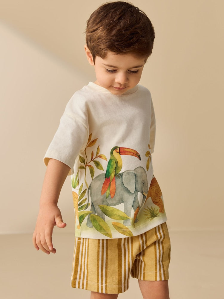 Light Yellow Watercolour Safari Short Sleeve Back Print T-Shirt and Shorts Set (3mths-7yrs)