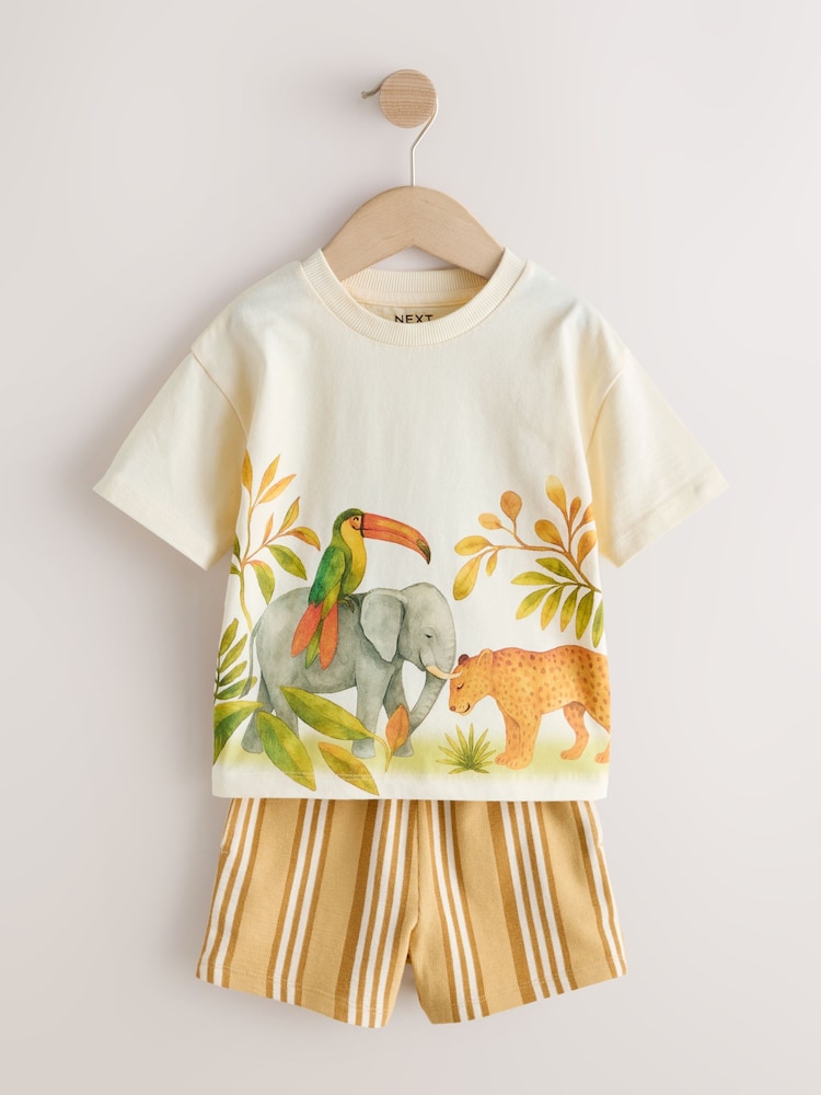 Light Yellow Watercolour Safari Short Sleeve Back Print T-Shirt and Shorts Set (3mths-7yrs)