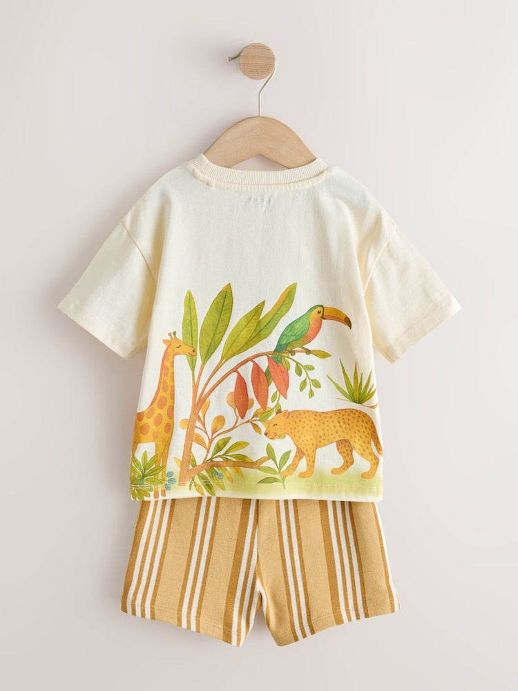 Light Yellow Watercolour Safari Short Sleeve Back Print T-Shirt and Shorts Set (3mths-7yrs)
