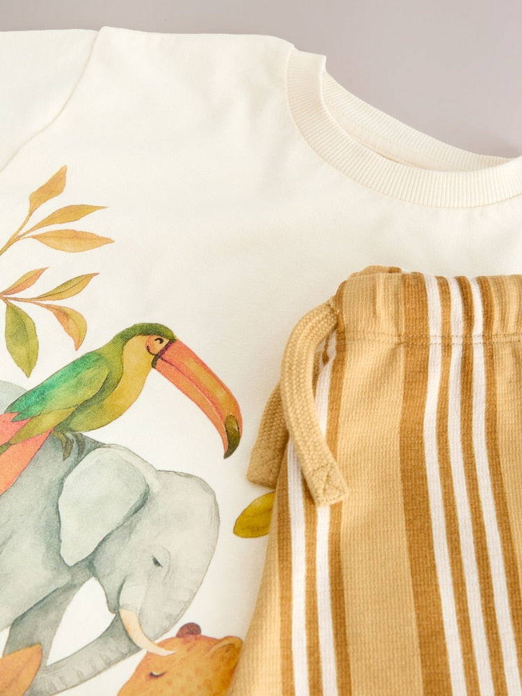 Light Yellow Watercolour Safari Short Sleeve Back Print T-Shirt and Shorts Set (3mths-7yrs)