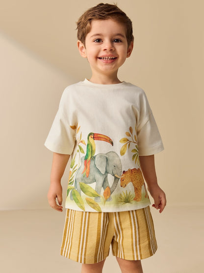Light Yellow Watercolour Safari Short Sleeve Back Print T-Shirt and Shorts Set (3mths-7yrs)