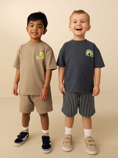 Black/Tan Waves Short Sleeve T-Shirt and Shorts Set 2 Pack (3mths-7yrs) - Black/Tan Waves / 12-18 Months (80-86cm)
