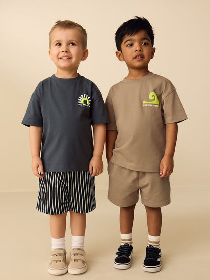 Black/Tan Waves Short Sleeve T-Shirt and Shorts Set 2 Pack (3mths-7yrs) - Size 3-6 Months (62-68cm)