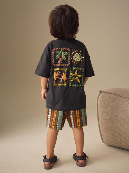 Charcoal Grey Printed Short Sleeve T-Shirt &amp; Linen Blend Shorts Set (3mths-7yrs) - 12-18 Months (80-86cm)