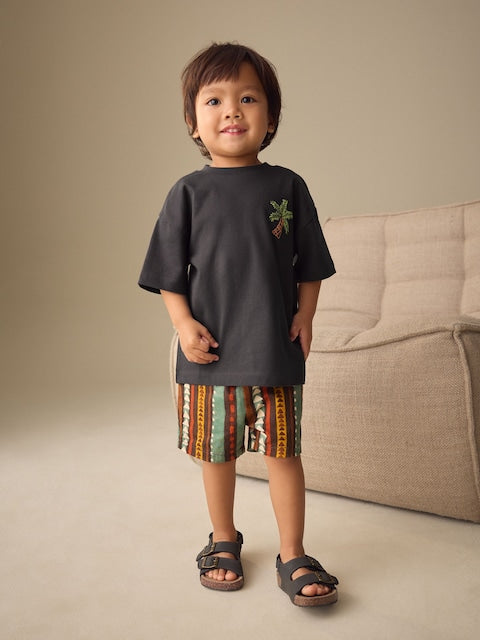 Charcoal Grey Printed Short Sleeve T-Shirt &amp; Linen Blend Shorts Set (3mths-7yrs) - Size 3-6 Months (62-68cm)