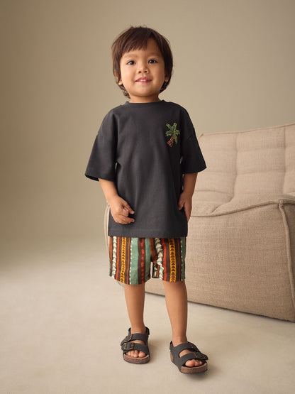 Charcoal Grey Printed Short Sleeve T-Shirt &amp; Linen Blend Shorts Set (3mths-7yrs) - Size 3-6 Months (62-68cm)